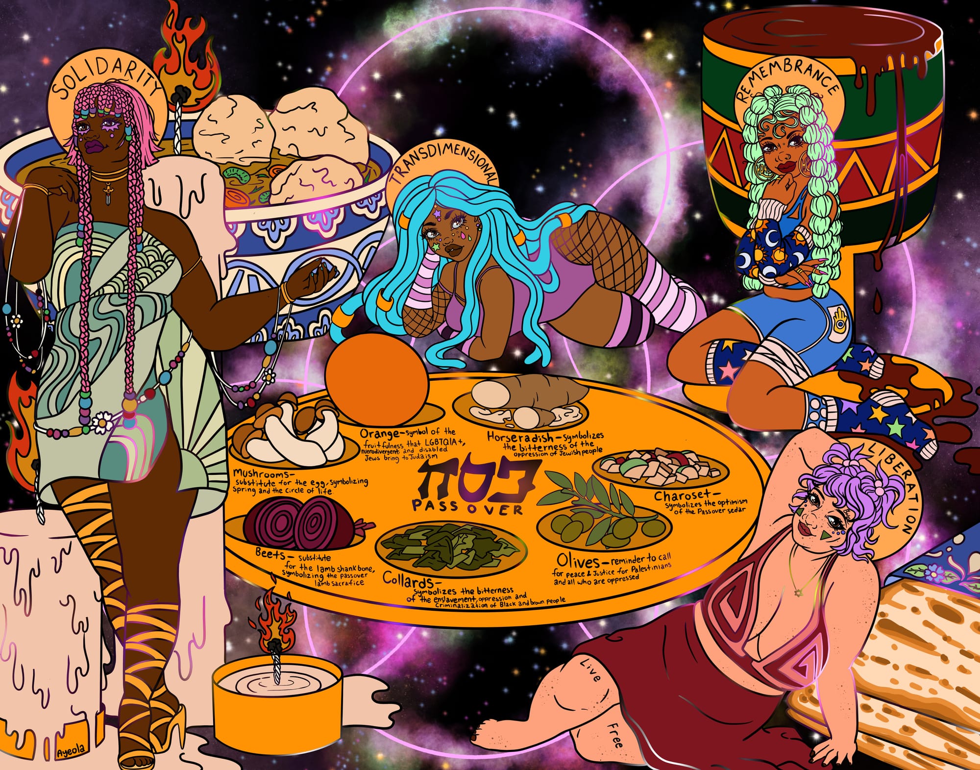 Four femme presenting people lying around a gigantic seder plate with a galactic background. 