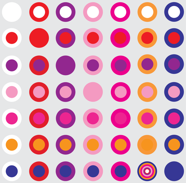 circles of seven colors, many with rings of some of the other colors and centers of the other other colors