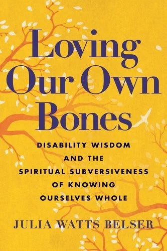 A book cover for “Loving Our Own Bones." An evocative image of tree branches and tiny pale leaves against a vibrant yellow background. A small white bird flies upward, from the edge of the image.