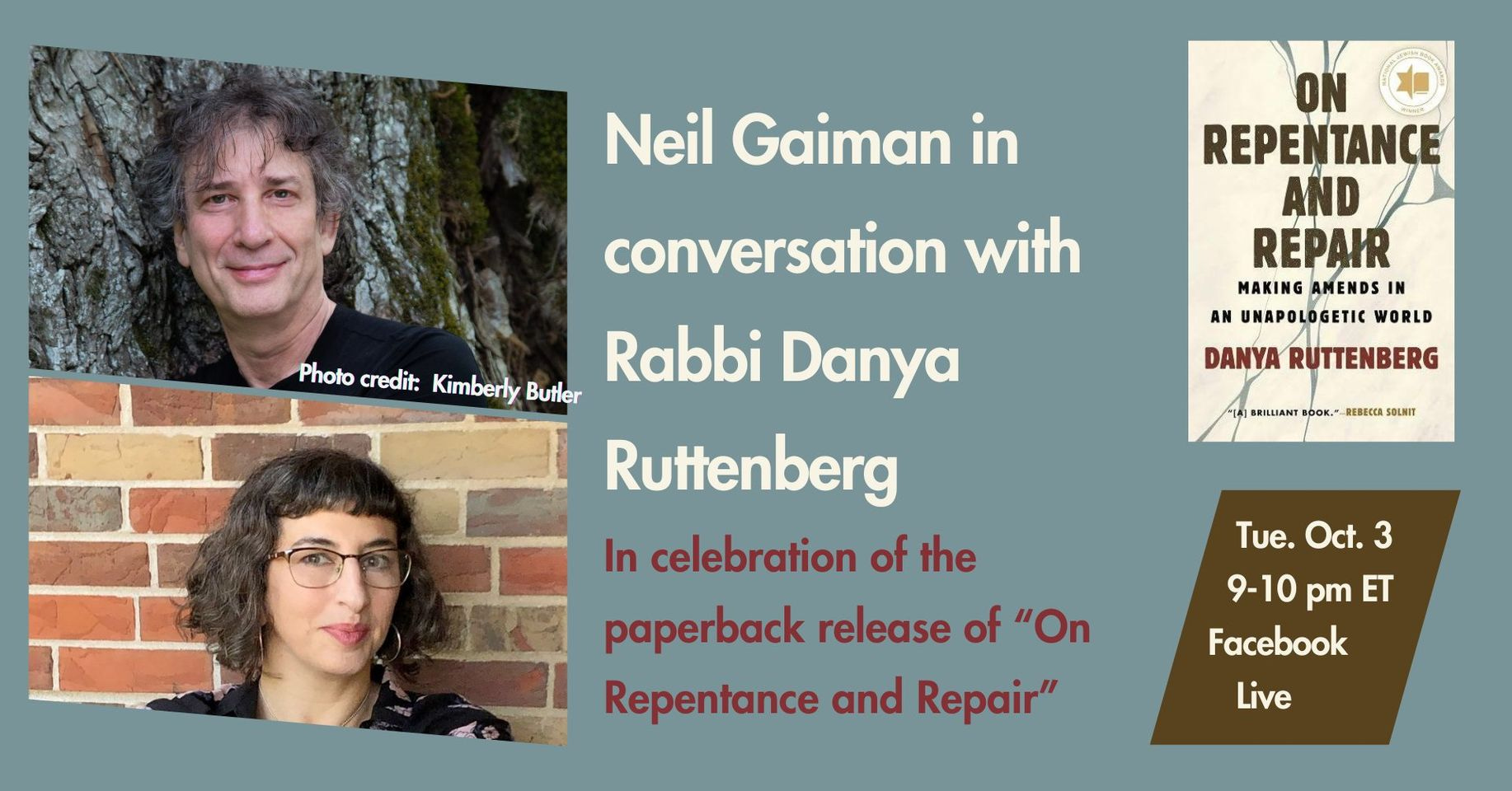 Neil Gaiman in Conversation with Danya Ruttenberg Tues Oct 3rd 9-10pm ET Facebook Live 