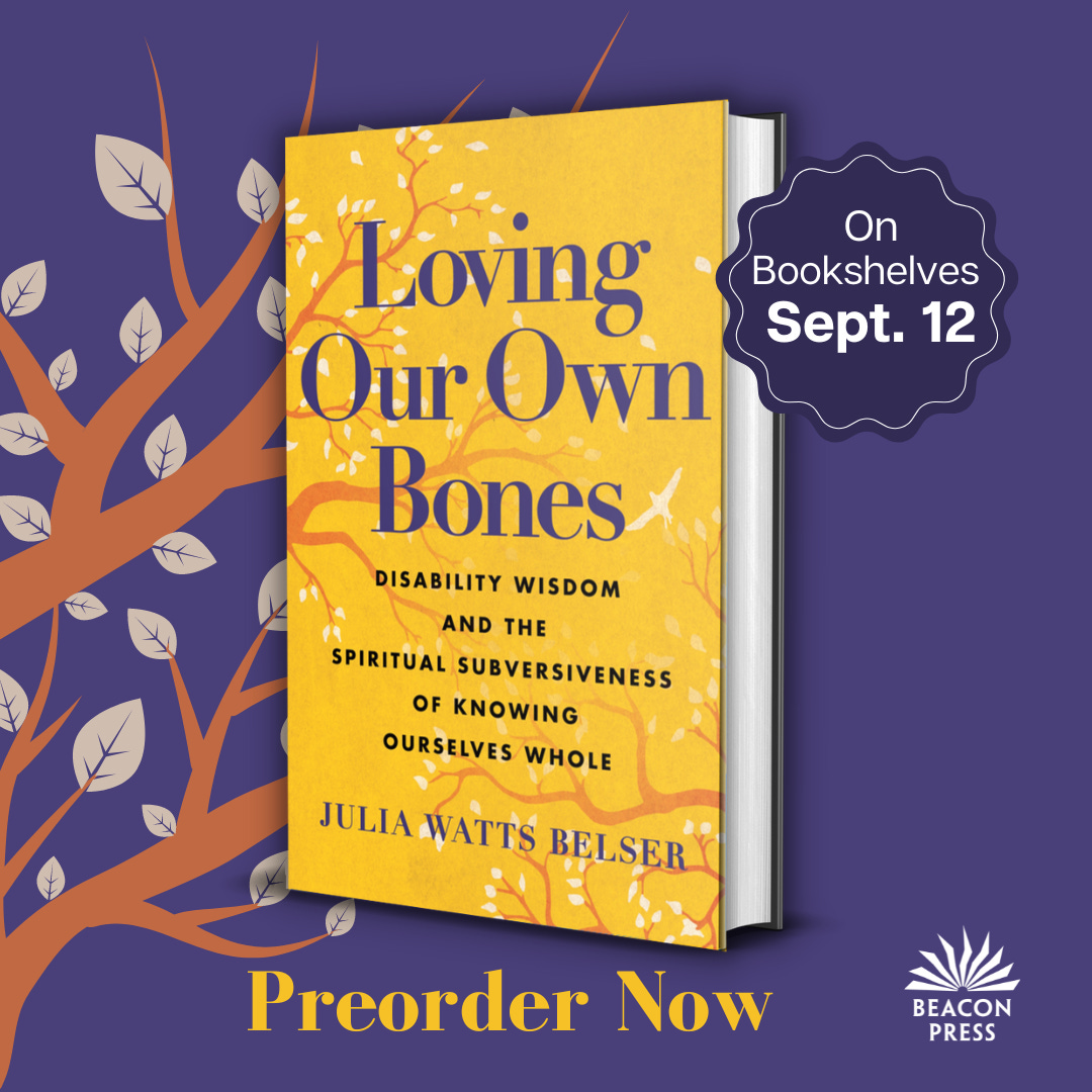 A graphic featuring an image of the book, Loving Our Own Bones.  The cover is golden yellow, with graceful tree branches and pale white leaves twining through the words of the title.  Text reads, “Preorder Now.  On bookshelves September 12.”