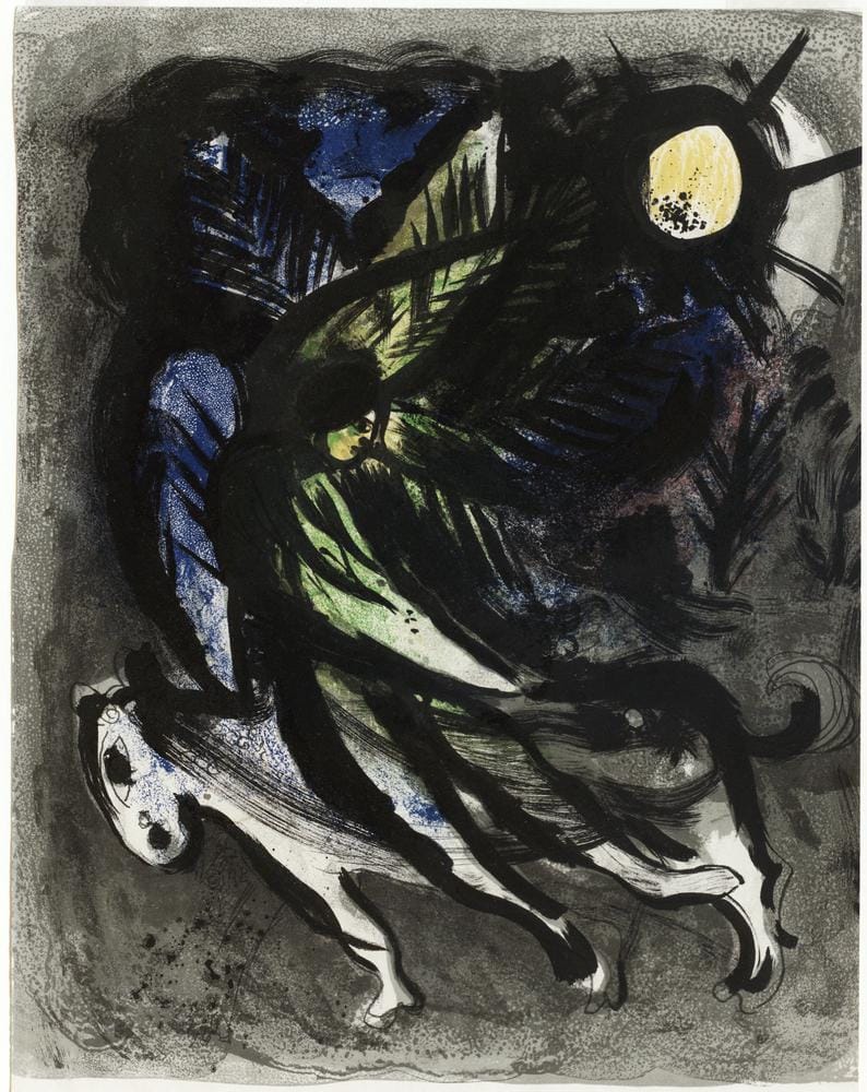 Dramatic Chagall painting with black brushstrokes, donkey, angel