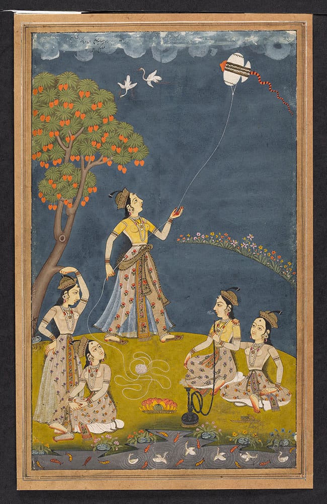painting of five women by the river with a kite and hookah 
