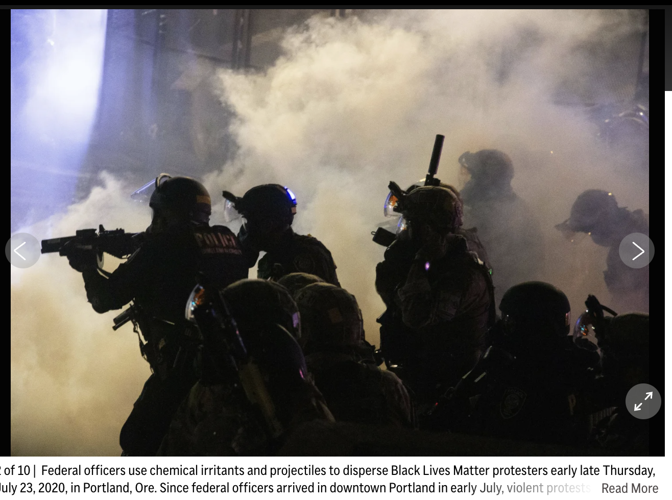 Federall officers use chemical irritants and projectiles to disperse BLM protesters in Portland in July, 2020. Dressed like storm troopers. 