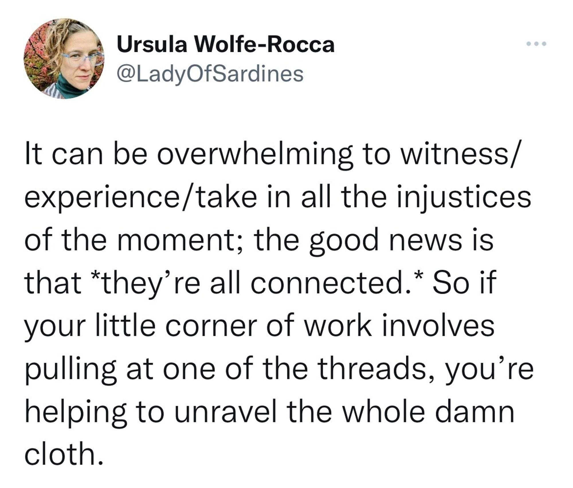 Tweet from @ladyofsardines It can be overwhelming to witness/experience/ take in all teh injustices of the moment; the good news is that they're all connected. So if your little corner of work involves pulling at one of the threads, you're helping to unravel the whole damn cloth.