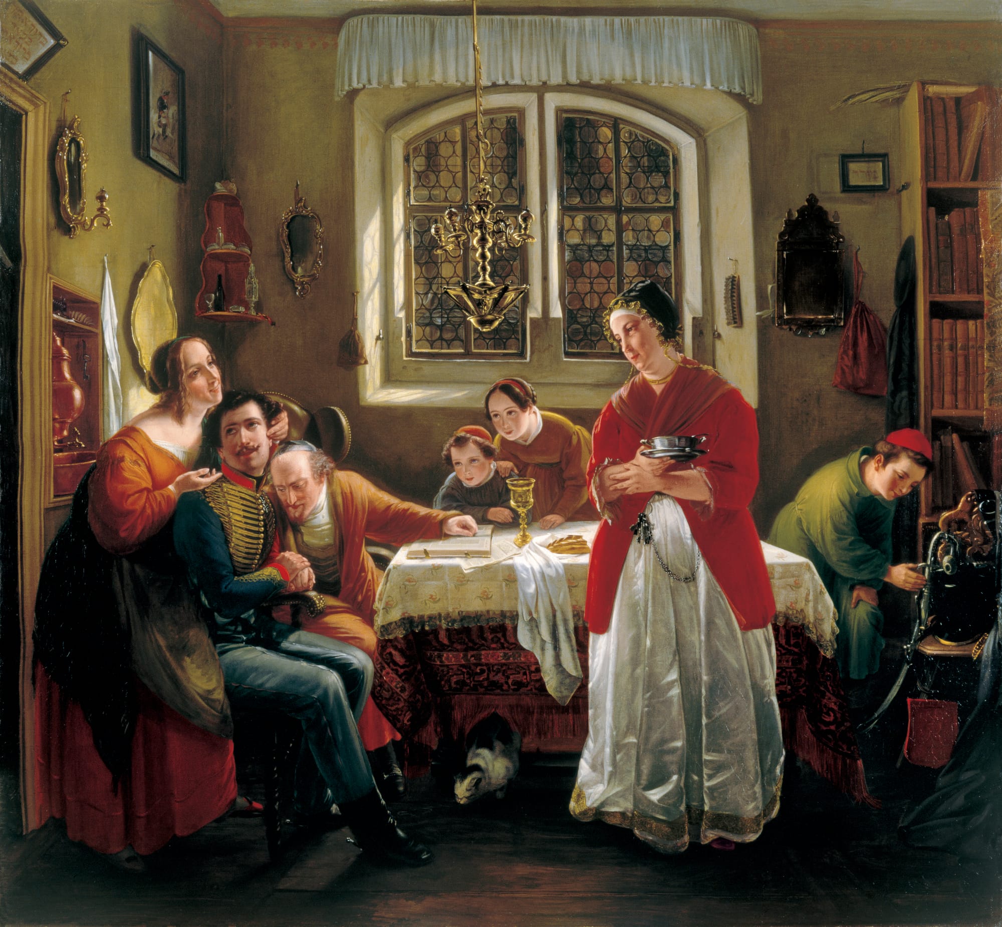 Indoor scene, women gaze adoringly at a soldier, other figures look at him intently 