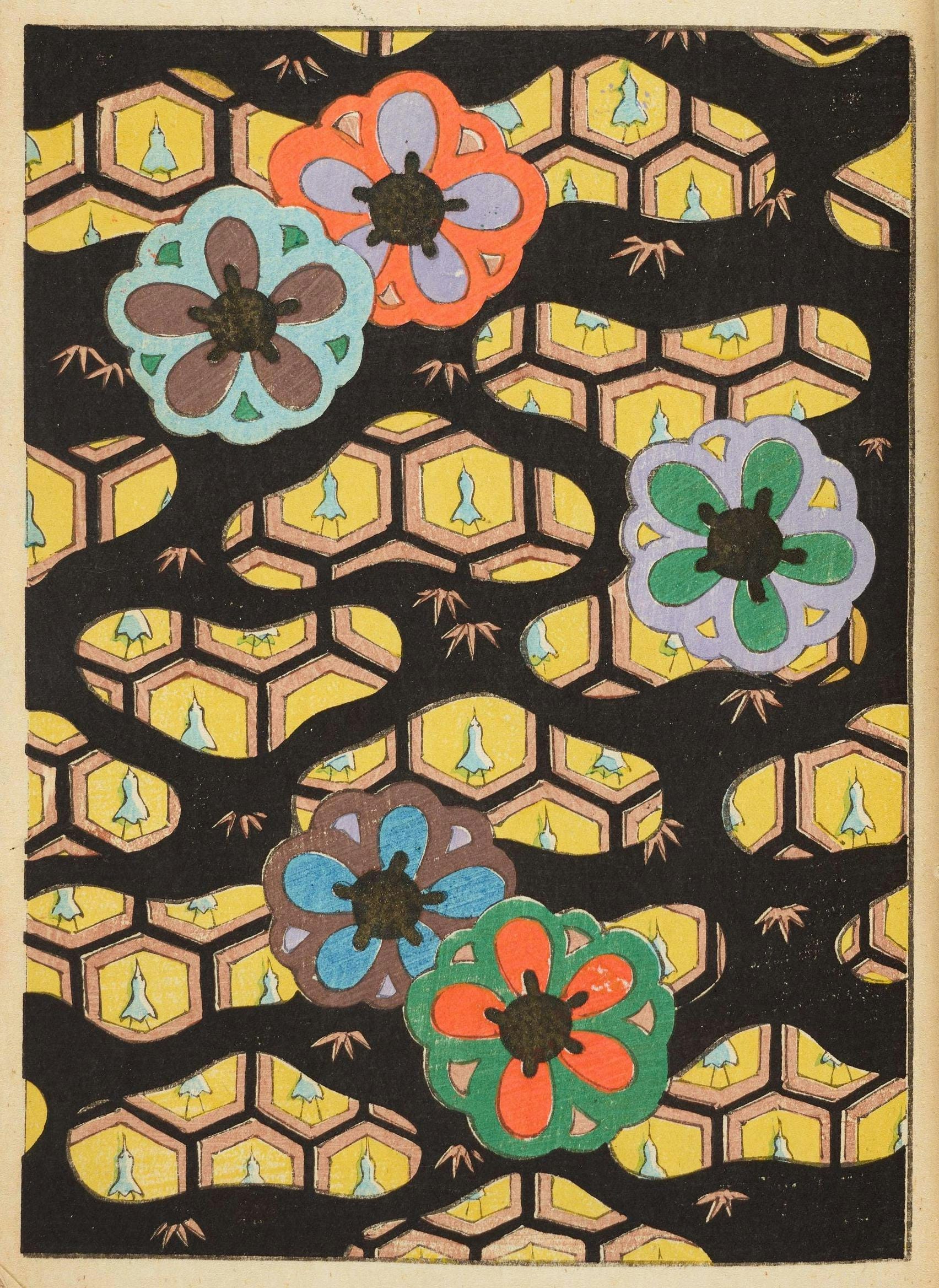 flowers, yellow background and black on top 