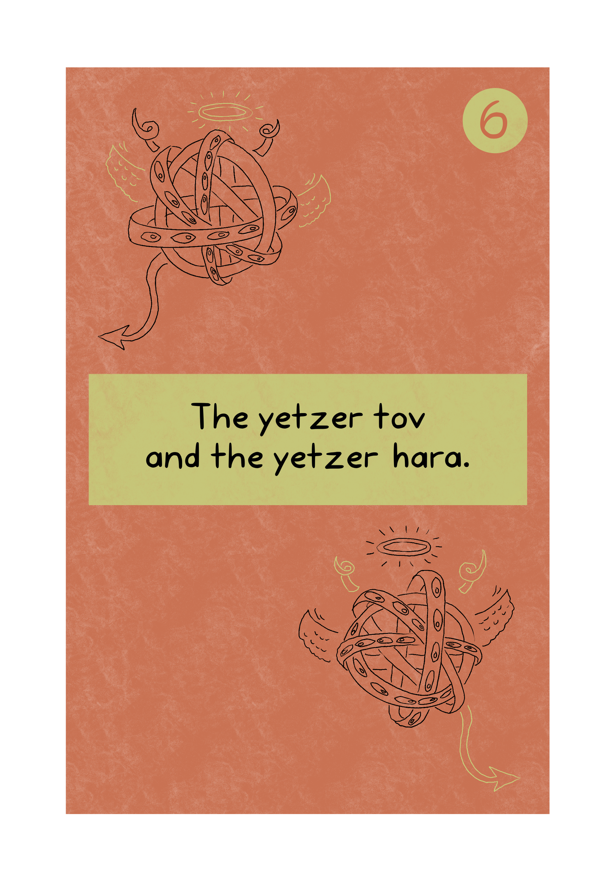 A chapter cover titled "The Yetzer Tov and the Yetzer Hara." The chapter is numbered 6,  and the artwork features black line drawings of biblical depictions of an angel and a demon. The one in the top left has horns and a sharp tail, adorned with a yellow line drawing of a halo and wings. The one in the bottom right has a halo and wings, adorned with a yellow line drawing of horns and a sharp tail.