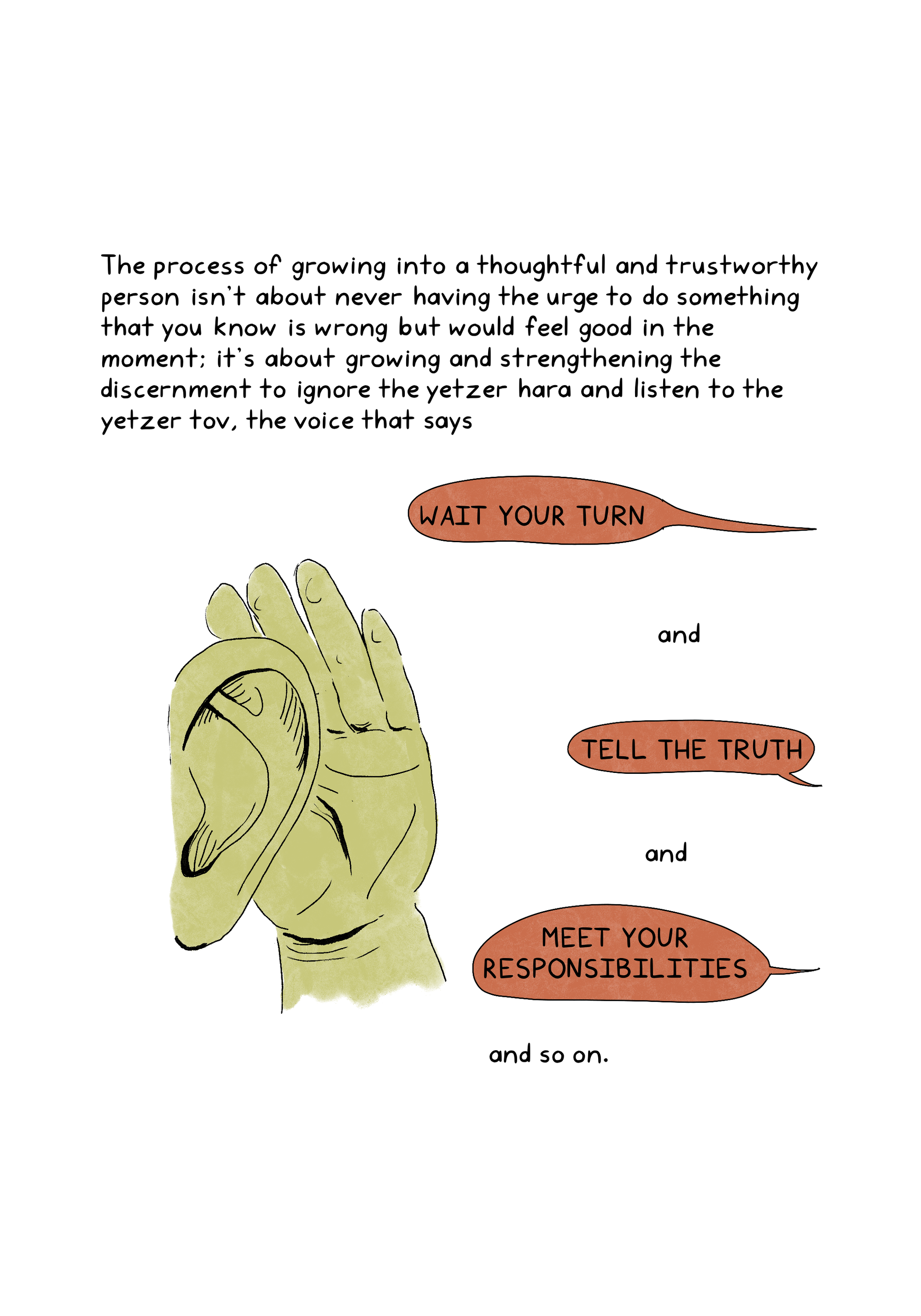  The process of growing into a thoughtful and trustworthy person isn't about never having the urge to do something that you know is wrong but would feel good in the moment; it's about growing and strengthening the discernment to ignore the yetzer hara and listen to the yetzer tov, the voice that says WAIT YOUR TURN and TELL THE TRUTH and MEET YOUR RESPONSIBILITIES and so on.An illustration shows a hand cupped around an ear, listening to three text bubbles: "Wait your turn,” and "Tell the truth," and "Meet your responsibilities."