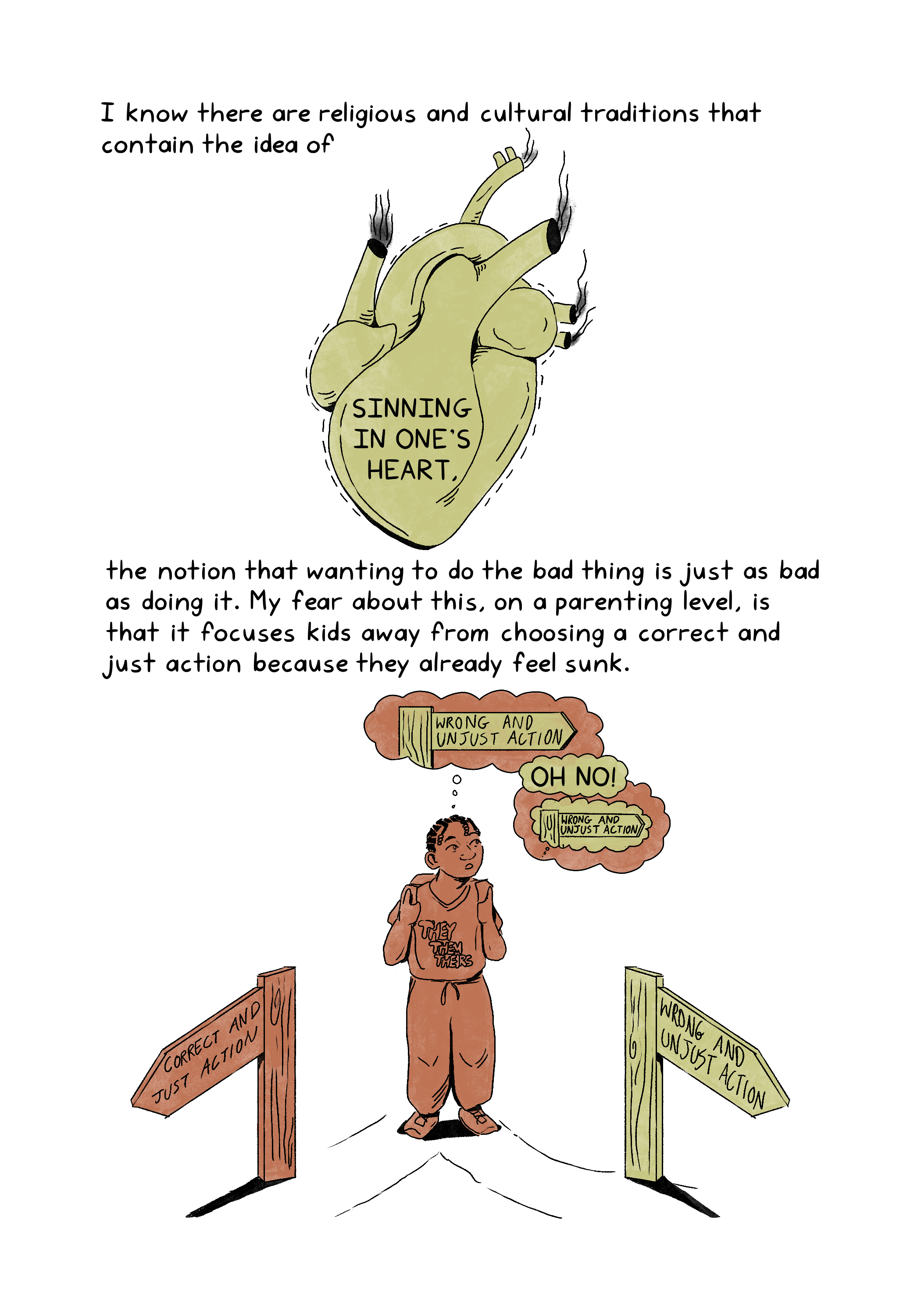 I know there are religious and cultural traditions that contain the idea of SINNING IN ONE'S HEART, the notion that wanting to do the bad thing is just as bad as doing it. My fear about this, on a parenting level, is that it focuses kids away from choosing a correct and just action because they already feel sunk. An illustration presents the outline of an anatomical human heart, with wisps of smoke billowing from its main arteries. The text on the heart reads, “Sinning in one’s heart.”An illustration shows a child at a crossroads. The signpost on the left path reads "Correct and just action." The signpost on the right path reads "Wrong and unjust action." The child wears a shirt that says “They, Them, Theirs,” and they look confused as they think about the path leading to "wrong and unjust action." A thought bubble that says “Oh no!” accompanies these thoughts.