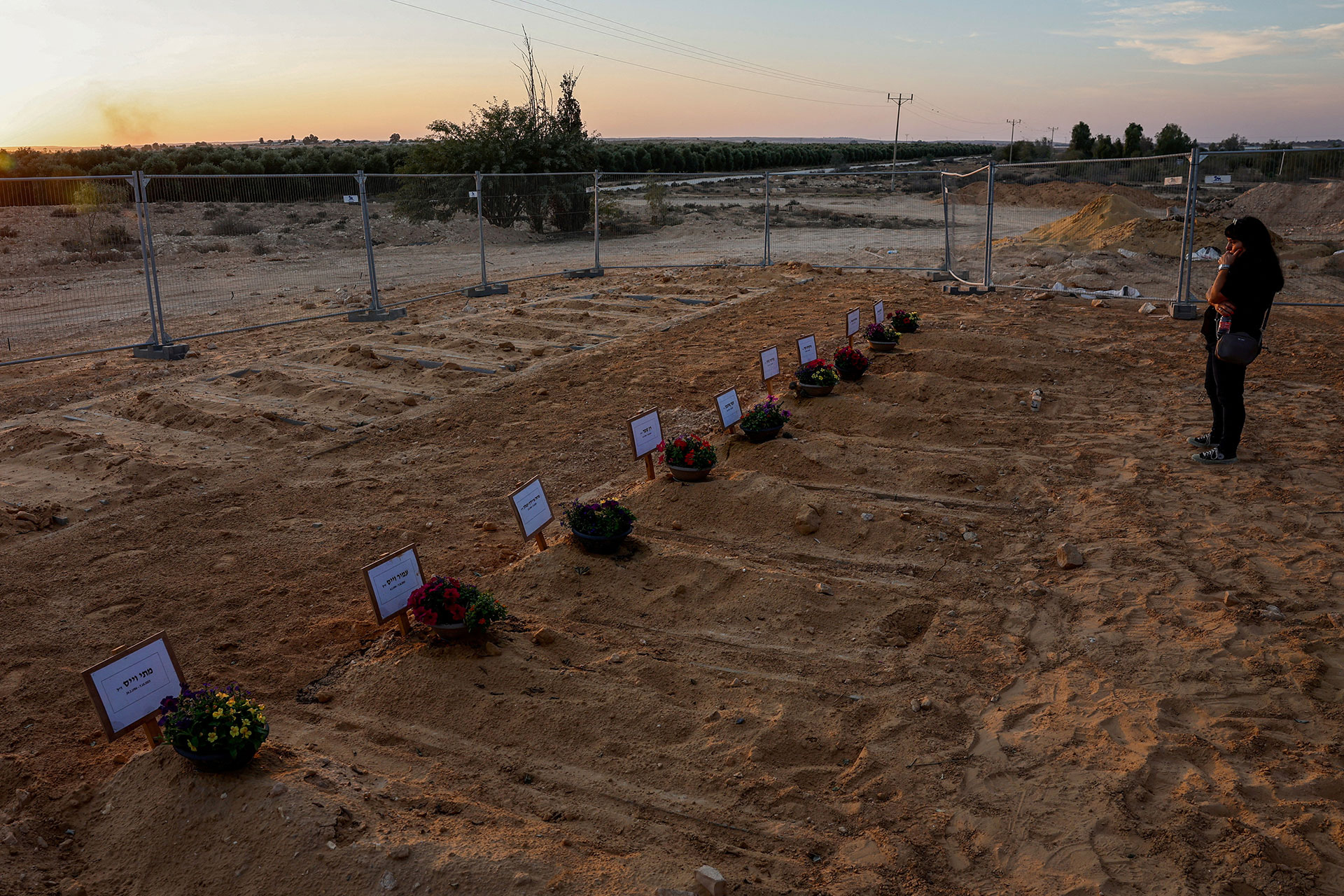 A person stands looking at a row of freshly-dug graves 