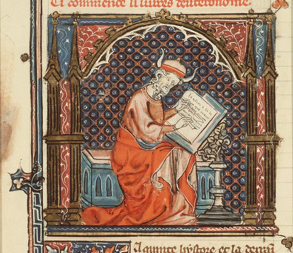 Illuminated manuscript of Moses writing a book. He's got big-ass horns.