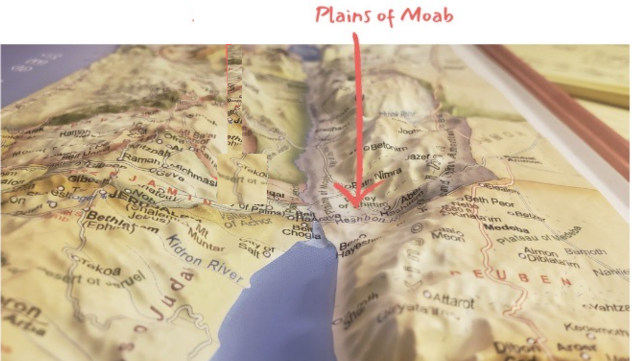 Map of Israel and Jordan, showing the plains of Moab at the top of the Dead Sea on the Jordan side