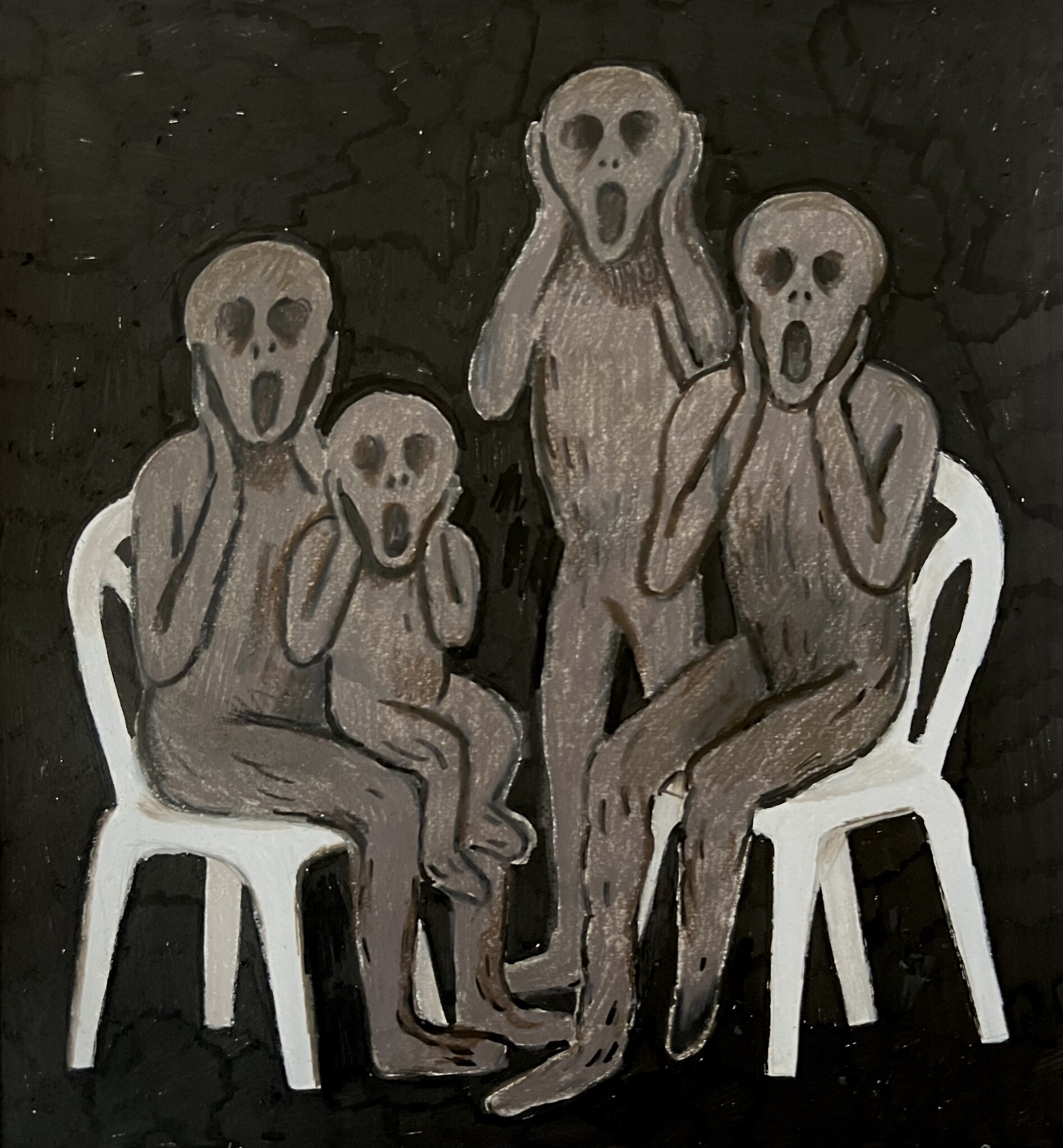 A family of four, two sitting on white chairs, all grey, all with faces like Munch's The Scream, black background