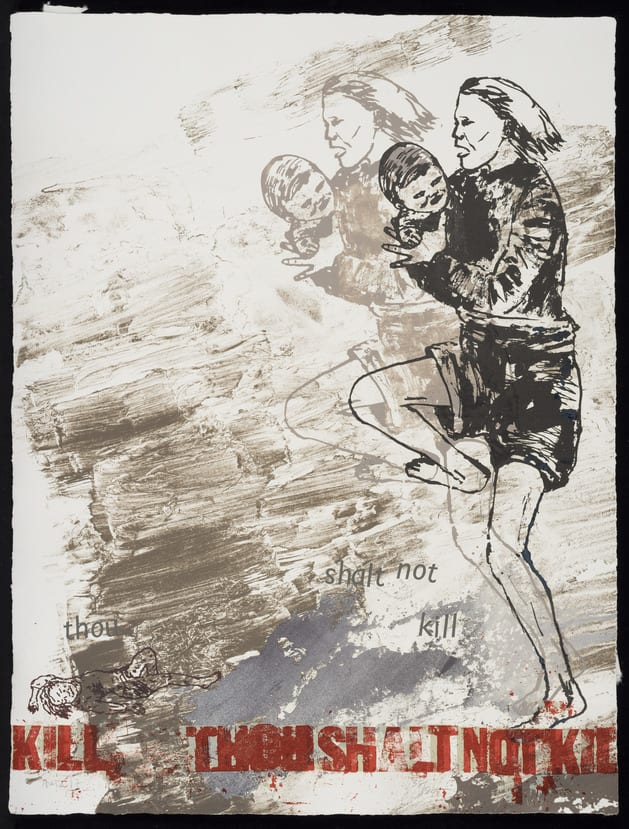 Print of a woman in clear distress, holding a baby and apparently running, and another dead child elsewhere in the print, and it says THOU SHALT NOT KILL in various types around it 