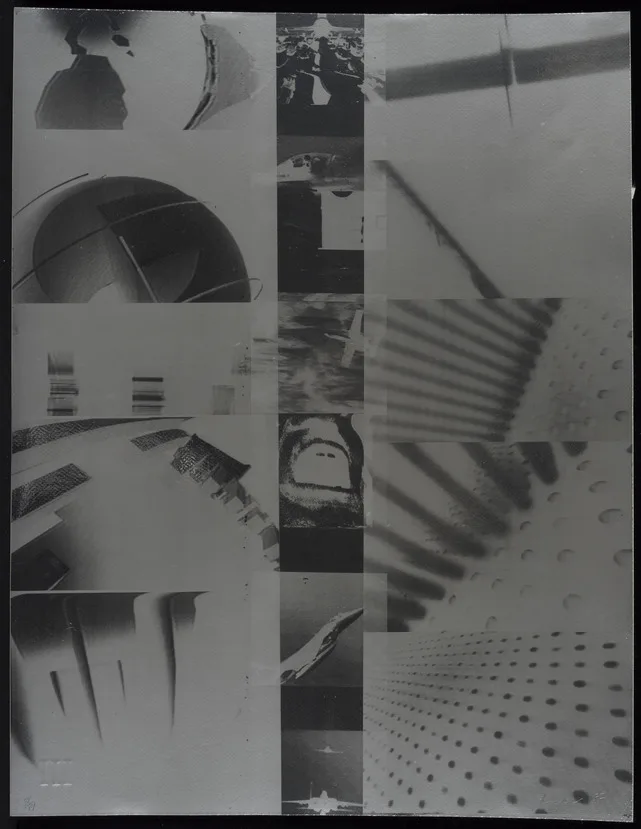 Black and white collage of negative prints of stairways, floors, globes, images of planes and from the window of a plane