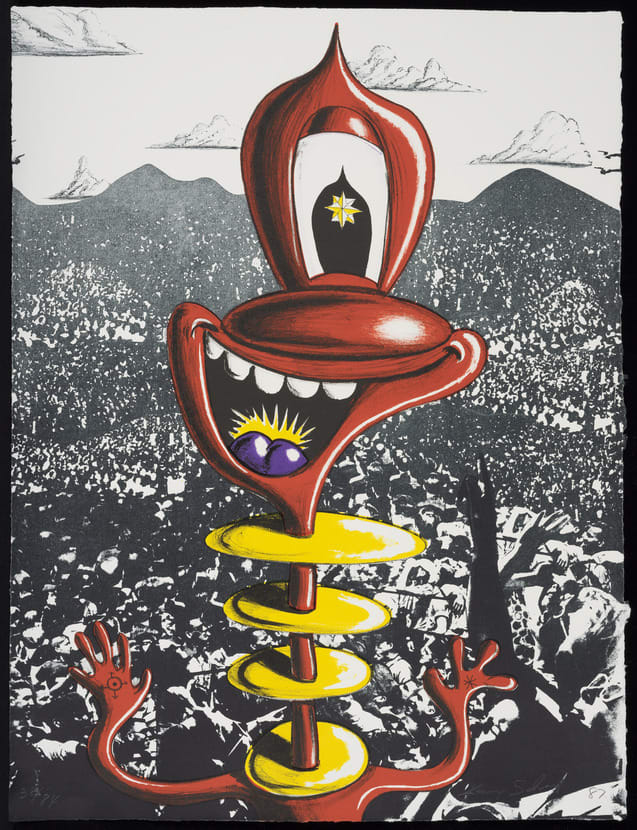 a black and white photo of a mob of people and a one-eyed, red and yellow, cartoon alien-like creature drawn on top, grinning creepily  