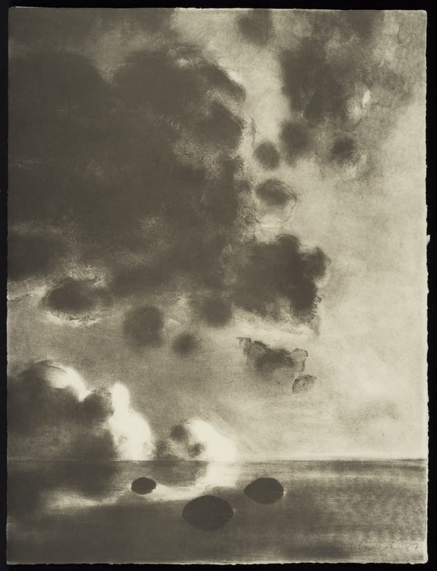 Black and white print of a horizon and fields and a sky and big fluffy clouds, some of which are dark, like it might rain any moment 