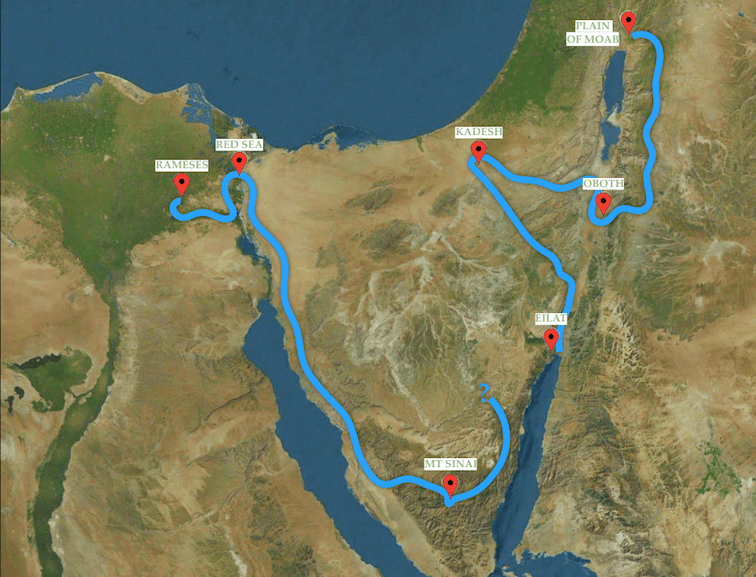 Map of the Route that the Israelites took from Egypt to the Plains of Moab-- to the base of Sinai and up.