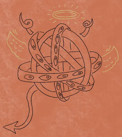 Biblically accurate angel with halo and wings and horns and tail