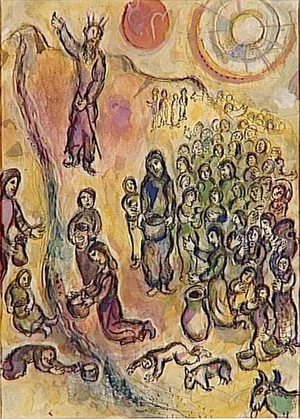 Yellow-orange lithograph of Moses and a lot of israelites with water, naive art/fauvist style. 