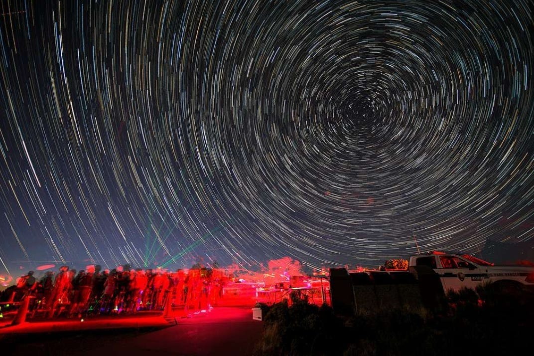 This is a composite photo of 80 still shots of 25-second exposure photos of stars, taken in Utah.