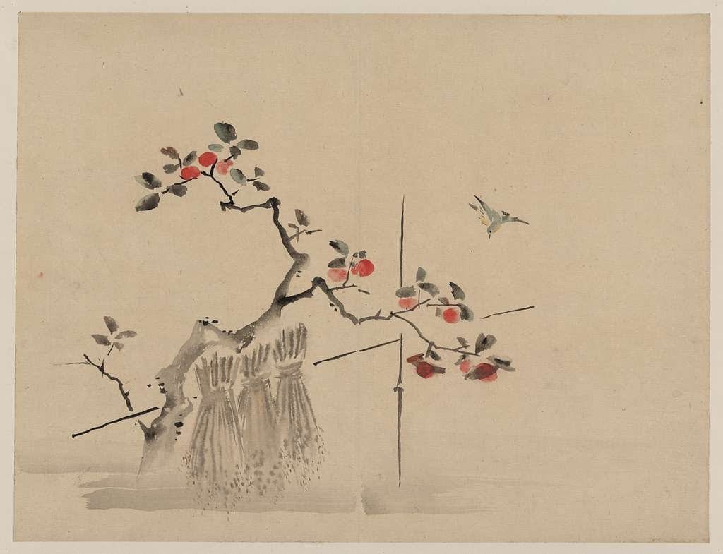 Fruit tree, with a bird flying next to it and three bundles of wheat in front of the tree. 