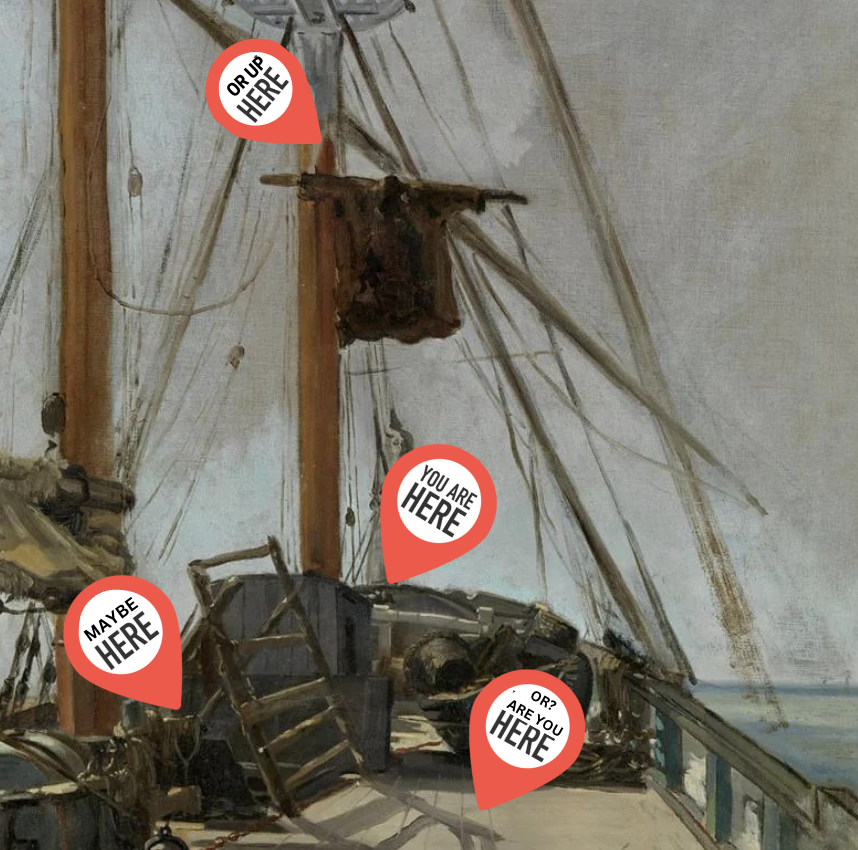 Painting of a ship's deck with "You are here"-type pointers on it, like a map. 