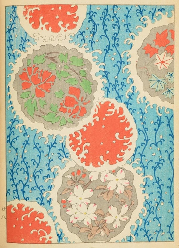 Japanese print of ocean sea and flowers 