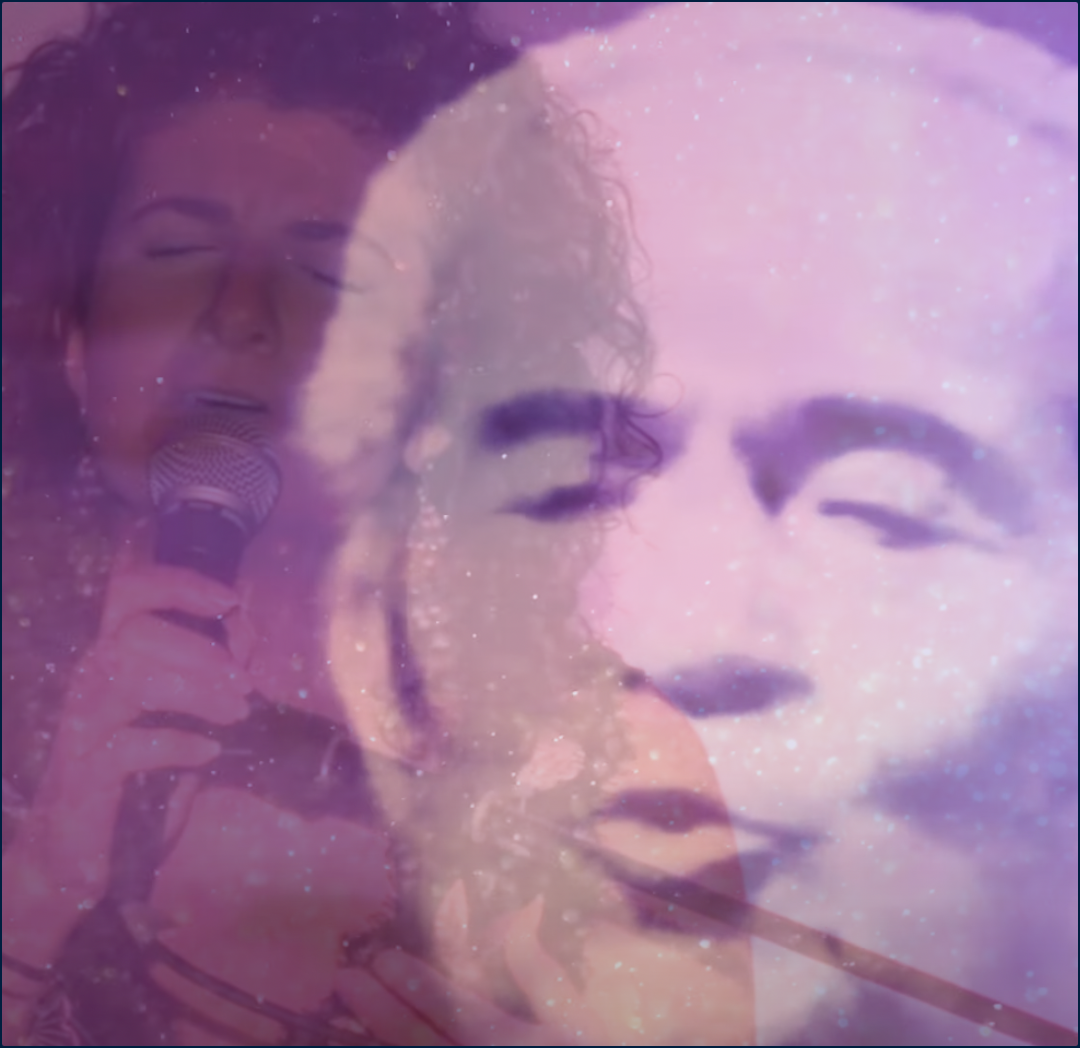 Purple image of an older man and a woman singing with their eyes closed, images super imposed on each other