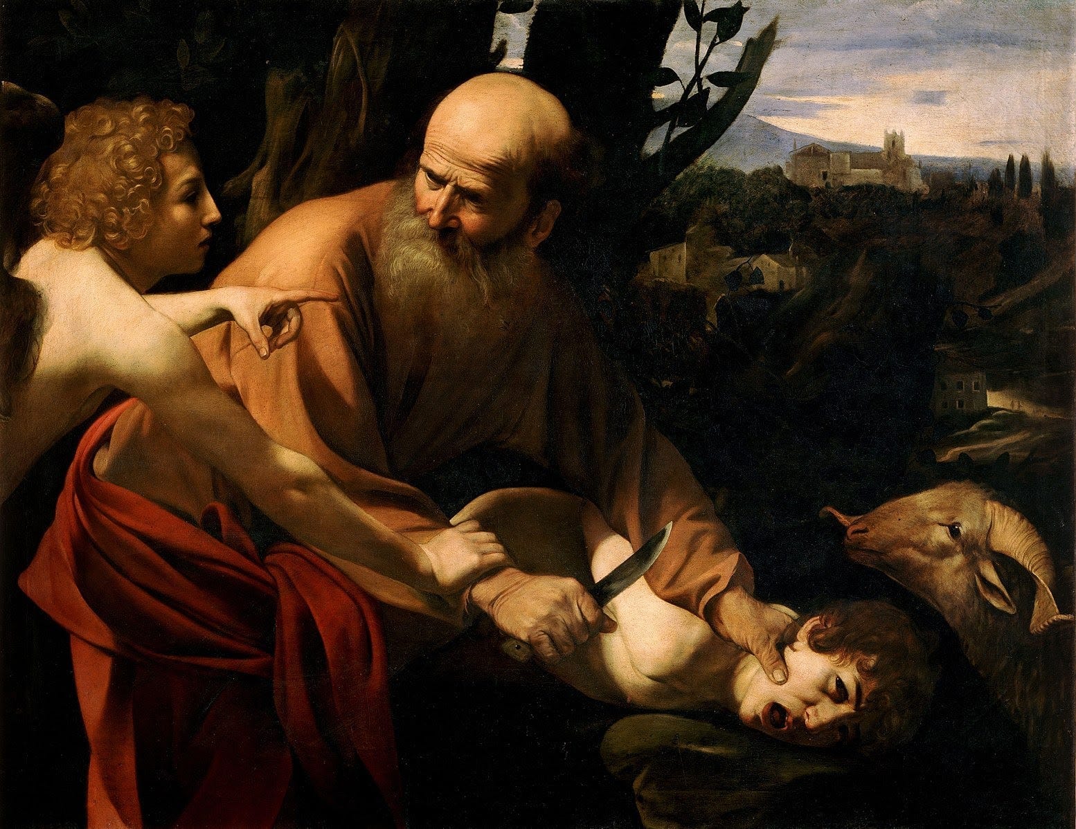 Caravaggio's Sacrifice of Isaac-- kid about to get cut, angel telling Abe not to do that