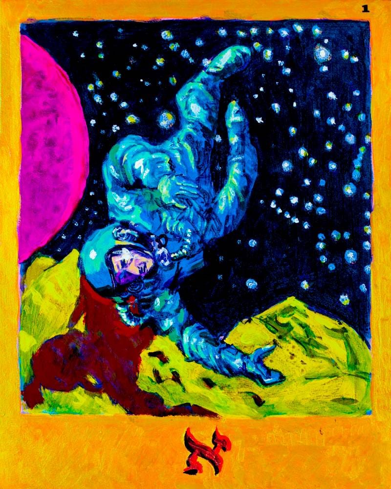 Painting of a white astronaut in space, with an aleph underneath him 