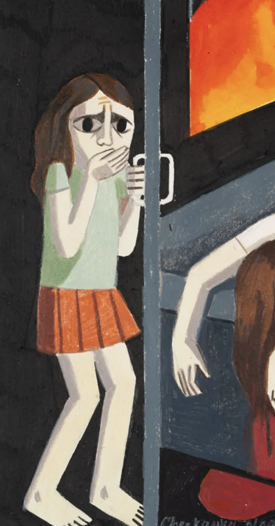 Expressionist-style painting of a person looking at horror at someone killed, house on fire