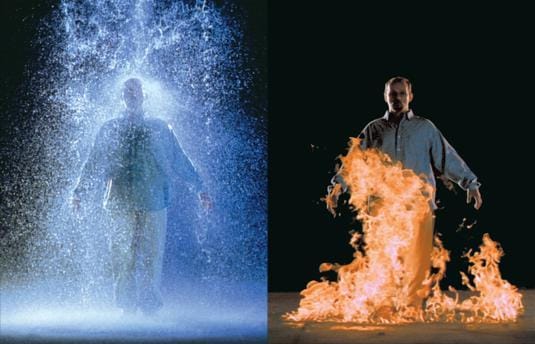 A person stands in one frame, drenched in water, and the other, with fire consuming him