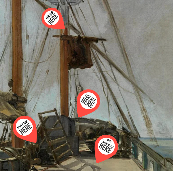 Painting of a ship's deck with "You are here"-type pointers on it, like a map. 