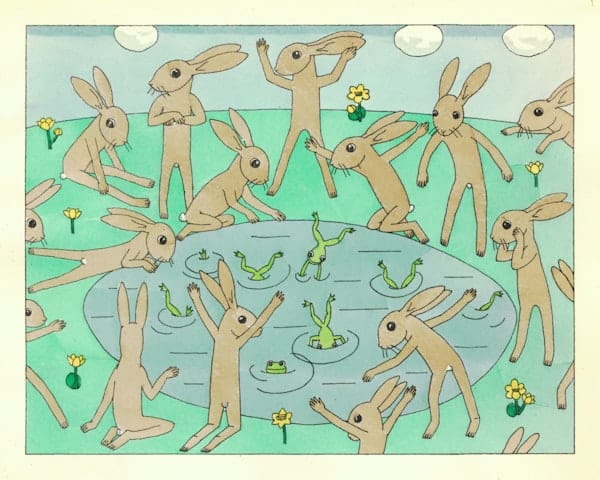 drawing of bunnies all around a pond full of froggies