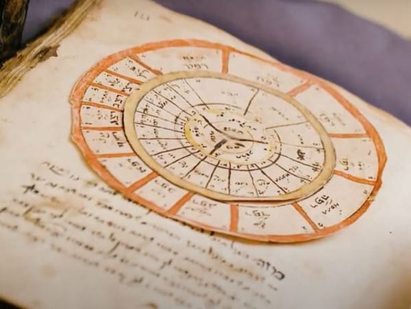 A manuscript with a series of interlocking circles with calendar months, weeks, etc. 