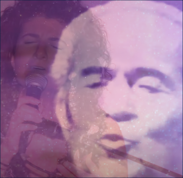 Purple image of an older man and a woman singing with their eyes closed, images super imposed on each other